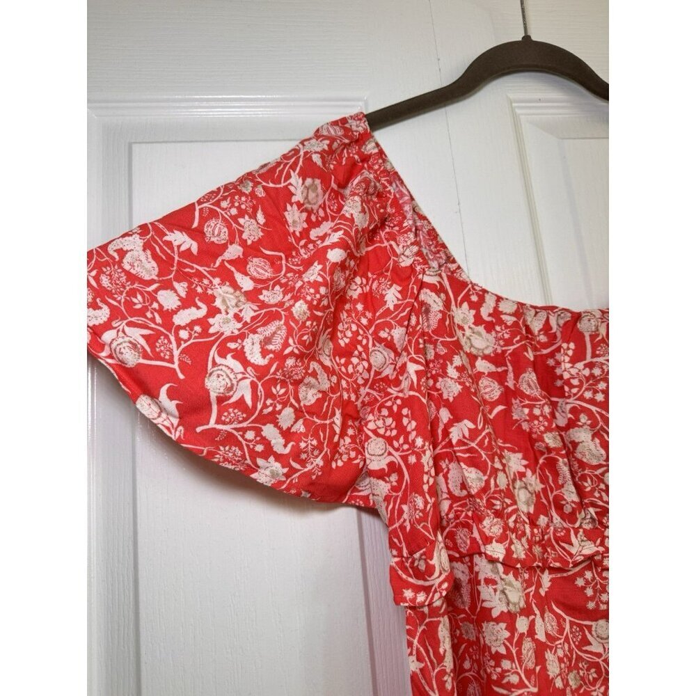 Red Floral Mini Dress Women US 8 Puff Sleeve Square Neck Summer - Picture 6 of 9